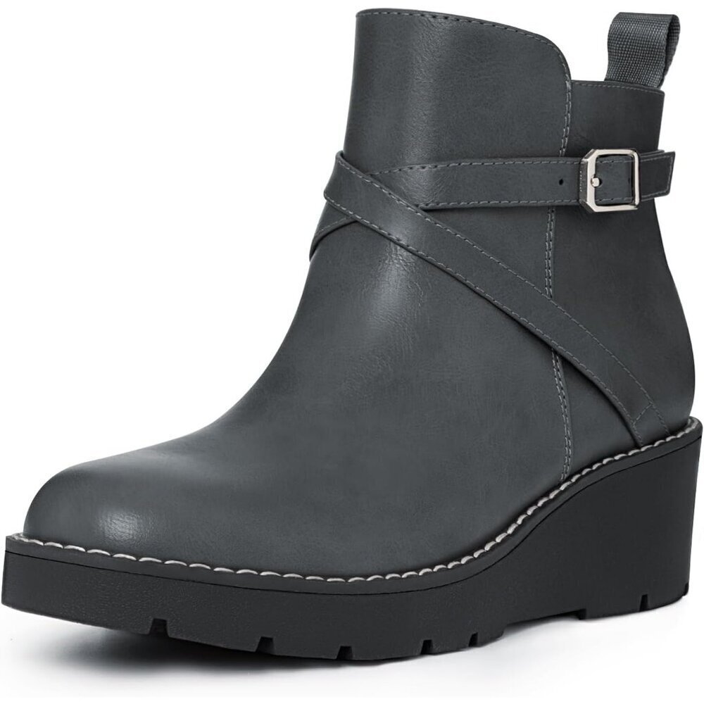 Women's Grey Wedge Ankle Boots Platform Lug Sole Buckle Zip Short Booties